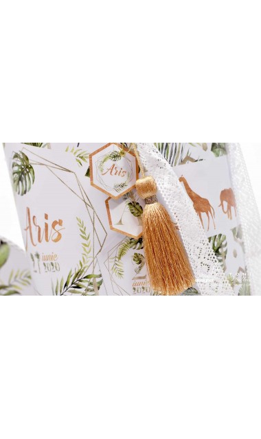 Trusou de botez cu animale gold din jungla si pattern frunze palmier Gold Jungle Tropical 15
